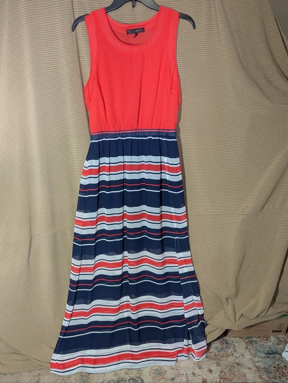 HeartSoul Coral Red Sleeveless Maxi with Navy & White Stripes